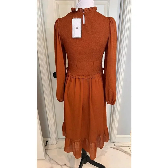 Entrance Womens Small Cinnamon Orange Fit Flare Maxi Ruffle Dress Balloon Sleeve - Picture 5 of 13